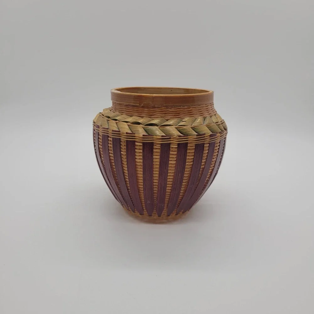 Vintage Hand Woven Bamboo Basket Small Decorative Pot‎ Natural Boho